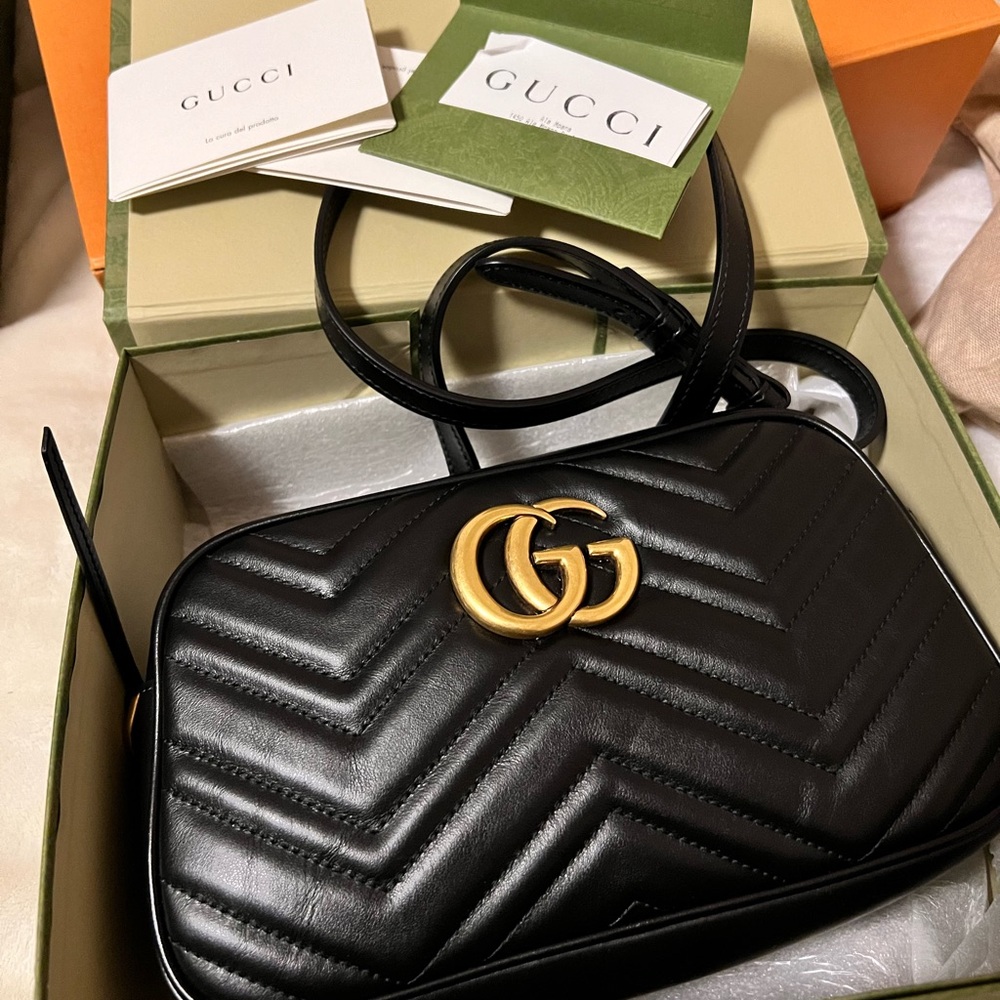 Gucci Black and Gold GG Marmont Crossbody Bag